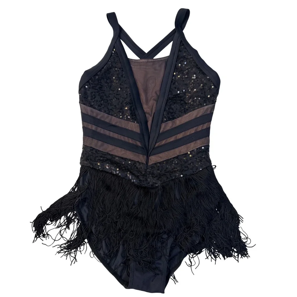 Weissman Dance Leotard LC Black Sequin Fringe Mesh Nylon Spandex